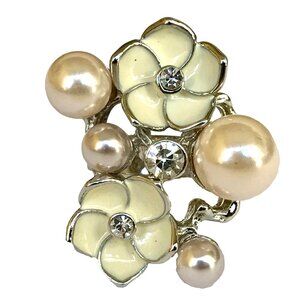 Statement Pearl Plumeria Flower Cocktail Ring Size 7 8 Silver Plated Simulated